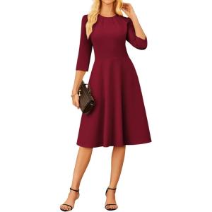 GRACE KARIN Work Dresses for Women 2025,3/4 Sleeve Church Dresses, A-line Fall Wedding Guest Dress with Pockets(Wine Red)