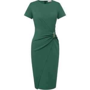 GRACE KARIN Work Dresses for Women 2026 Short Sleeve Sheath Business Midi Dress Ruched Bodycon Office Church Outfits(Dark Green)