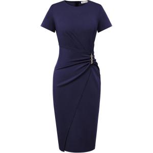 GRACE KARIN Work Dresses for Women 2026 Short Sleeve Sheath Business Midi Dress Ruched Bodycon Office Church Outfits(Navy Blue)
