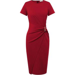 GRACE KARIN Work Dresses for Women 2026 Short Sleeve Sheath Business Midi Dress Ruched Bodycon Office Church Outfits(Red)