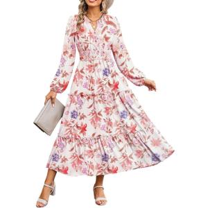 Women Long Sleeve Midi Dress, Boho Floral Casual Flowy A Line Dresses, Spring Elegant Classy Dress with Pocket(Apricot)