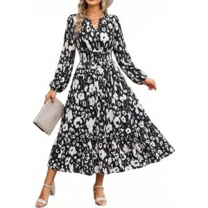 Women Long Sleeve Midi Dress, Boho Floral Casual Flowy A Line Dresses, Spring Elegant Classy Dress with Pocket(Black)