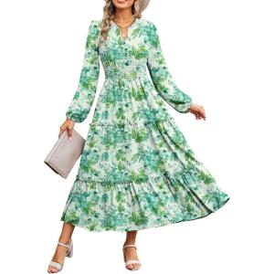 Women Long Sleeve Midi Dress, Boho Floral Casual Flowy A Line Dresses, Spring Elegant Classy Dress with Pocket(Green)