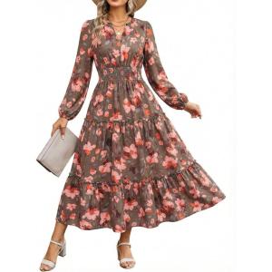Women Long Sleeve Midi Dress, Boho Floral Casual Flowy A Line Dresses, Spring Elegant Classy Dress with Pocket(Green Orange)
