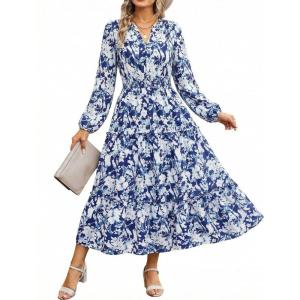 Women Long Sleeve Midi Dress, Boho Floral Casual Flowy A Line Dresses, Spring Elegant Classy Dress with Pocket(Navy)