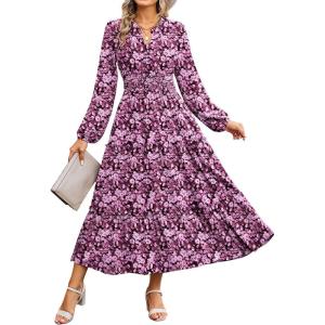 Women Long Sleeve Midi Dress, Boho Floral Casual Flowy A Line Dresses, Spring Elegant Classy Dress with Pocket(Purple)
