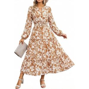 Women Long Sleeve Midi Dress, Boho Floral Casual Flowy A Line Dresses, Spring Elegant Classy Dress with Pocket(Yellow)
