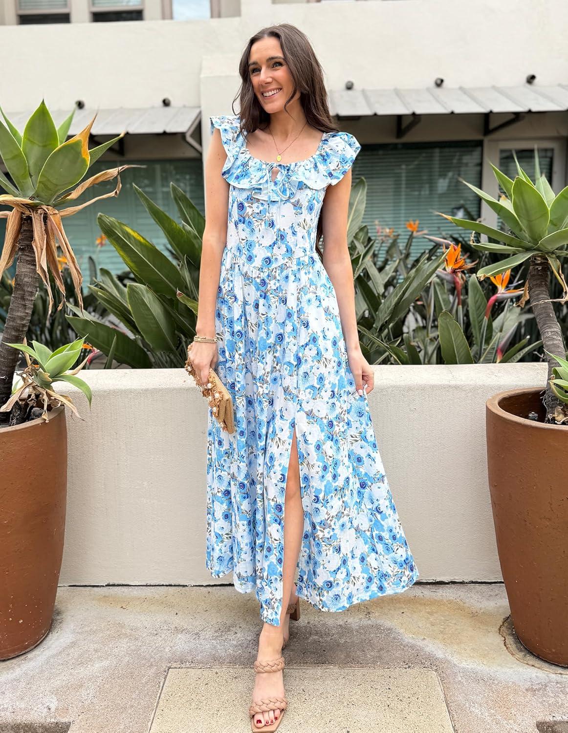 imageGRACE KARIN 2025 Womens Maxi Dresses Summer Off Shoulder Floral Dress Ruffle Split Beach Flowy Boho Wedding Guest DressBlue