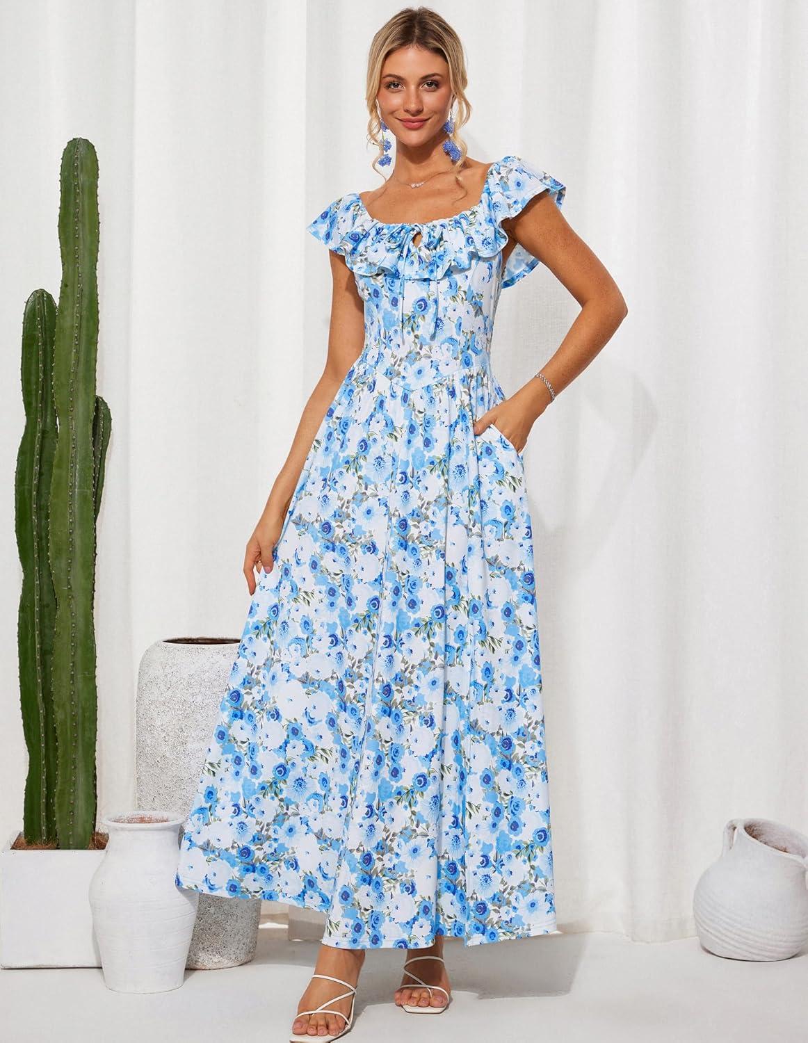 imageGRACE KARIN 2025 Womens Maxi Dresses Summer Off Shoulder Floral Dress Ruffle Split Beach Flowy Boho Wedding Guest DressBlue