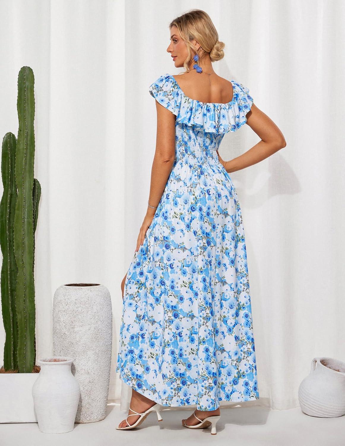 imageGRACE KARIN 2025 Womens Maxi Dresses Summer Off Shoulder Floral Dress Ruffle Split Beach Flowy Boho Wedding Guest DressBlue