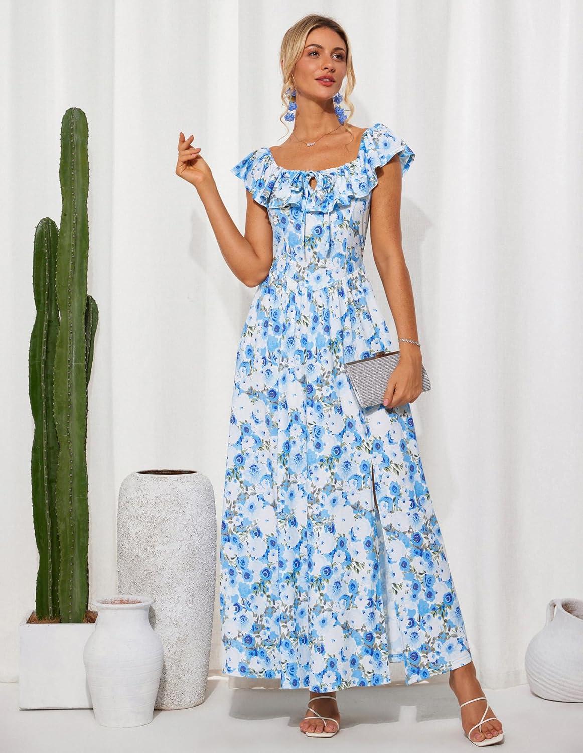 imageGRACE KARIN 2025 Womens Maxi Dresses Summer Off Shoulder Floral Dress Ruffle Split Beach Flowy Boho Wedding Guest DressBlue