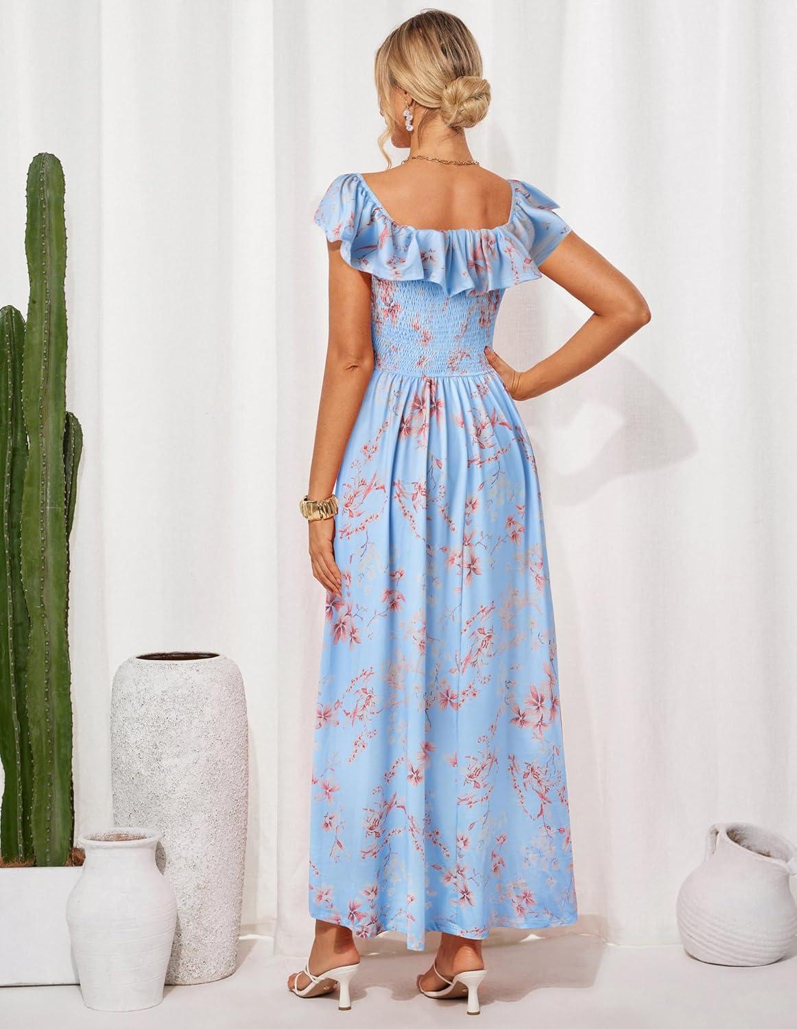 imageGRACE KARIN 2025 Womens Maxi Dresses Summer Off Shoulder Floral Dress Ruffle Split Beach Flowy Boho Wedding Guest DressBlue Beige