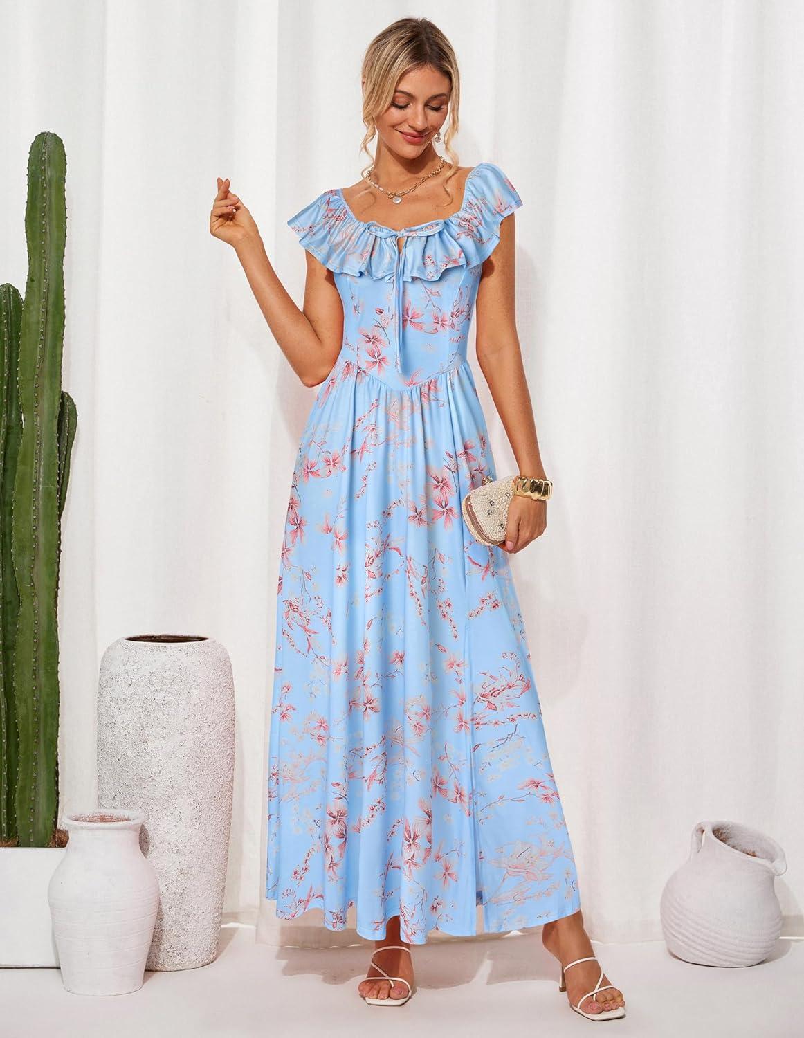 imageGRACE KARIN 2025 Womens Maxi Dresses Summer Off Shoulder Floral Dress Ruffle Split Beach Flowy Boho Wedding Guest DressBlue Beige