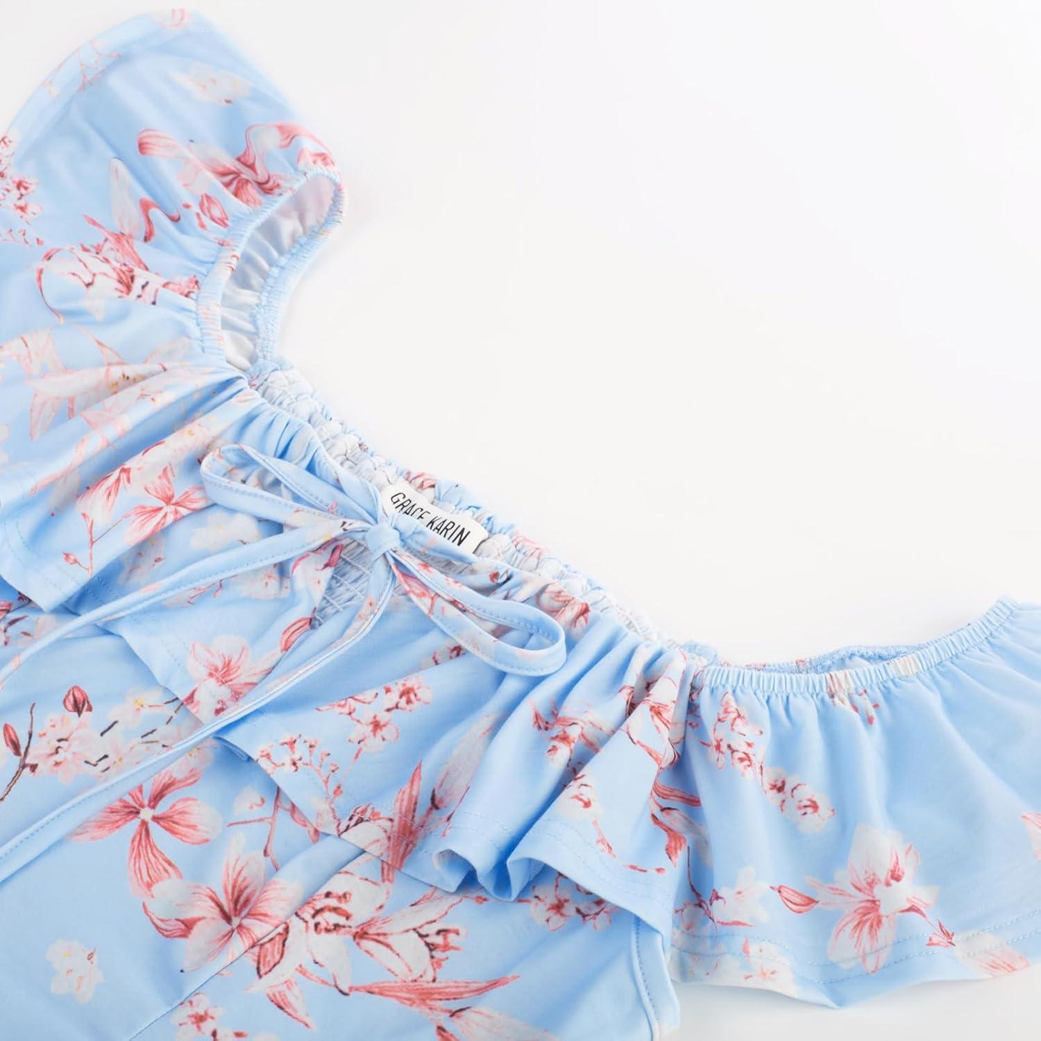 imageGRACE KARIN 2025 Womens Maxi Dresses Summer Off Shoulder Floral Dress Ruffle Split Beach Flowy Boho Wedding Guest DressBlue Beige