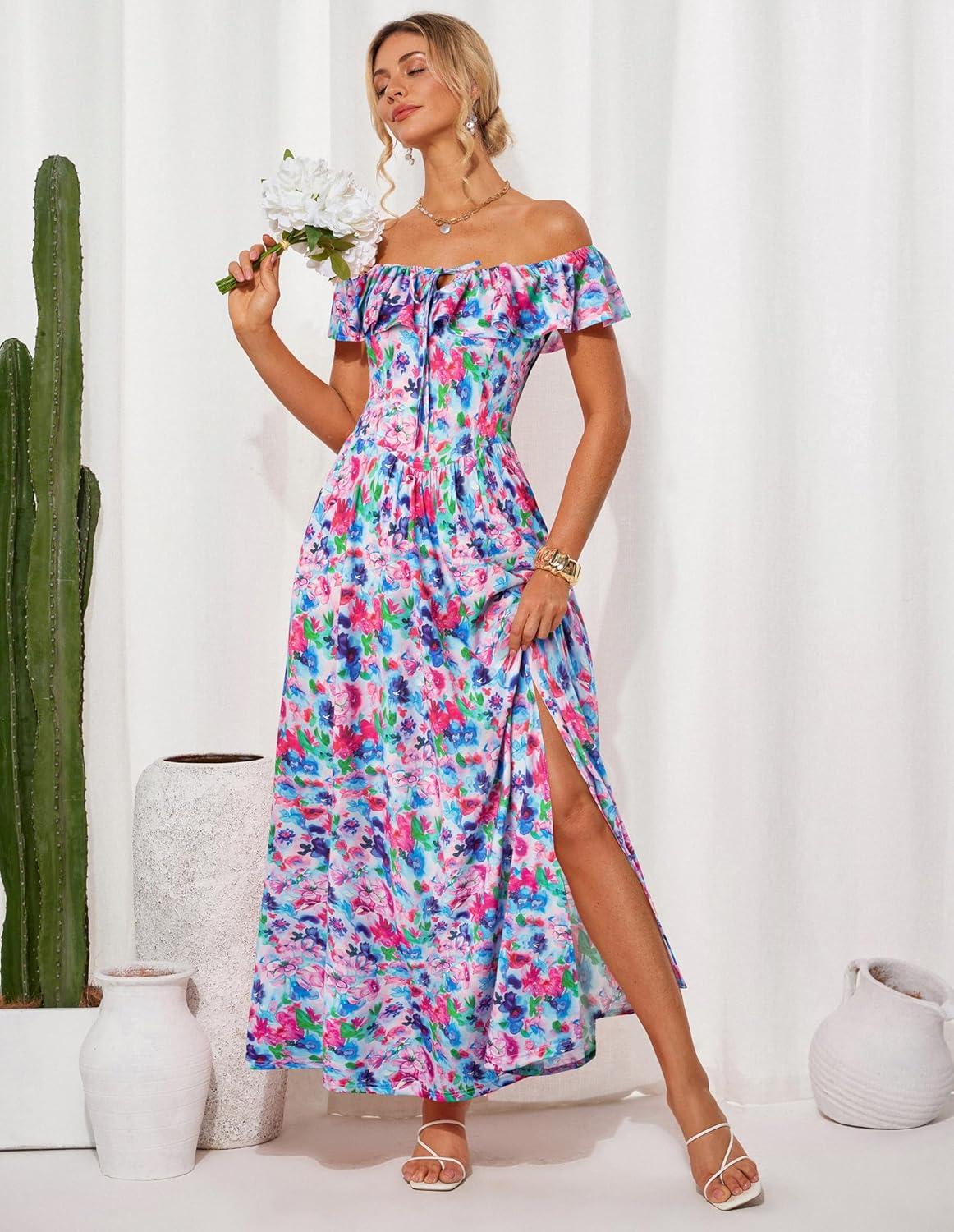 imageGRACE KARIN 2025 Womens Maxi Dresses Summer Off Shoulder Floral Dress Ruffle Split Beach Flowy Boho Wedding Guest DressBlue Multicolor