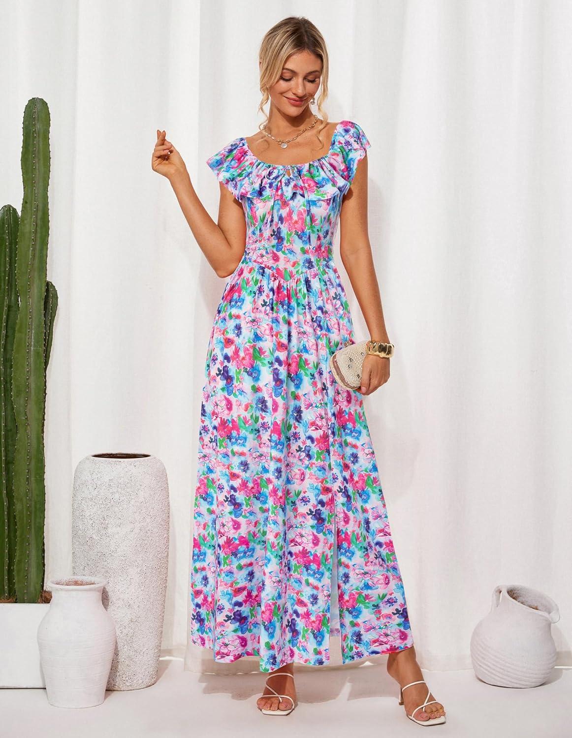 imageGRACE KARIN 2025 Womens Maxi Dresses Summer Off Shoulder Floral Dress Ruffle Split Beach Flowy Boho Wedding Guest DressBlue Multicolor
