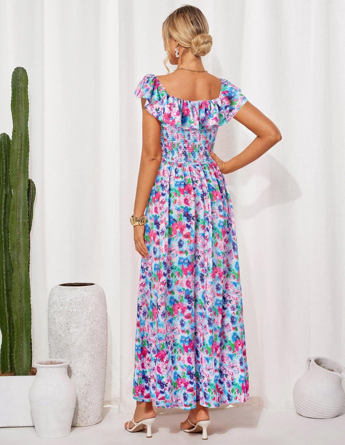 imageGRACE KARIN 2025 Womens Maxi Dresses Summer Off Shoulder Floral Dress Ruffle Split Beach Flowy Boho Wedding Guest DressBlue Multicolor