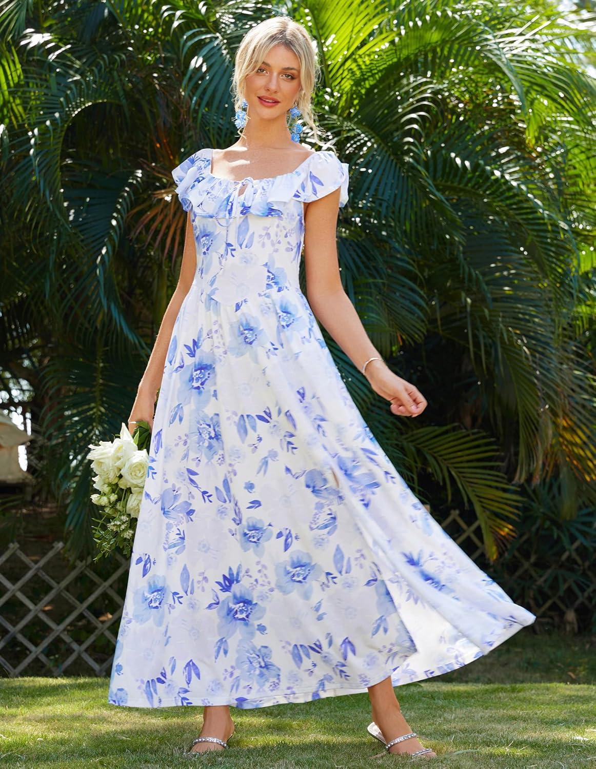 imageGRACE KARIN 2025 Womens Maxi Dresses Summer Off Shoulder Floral Dress Ruffle Split Beach Flowy Boho Wedding Guest DressBlue Purple
