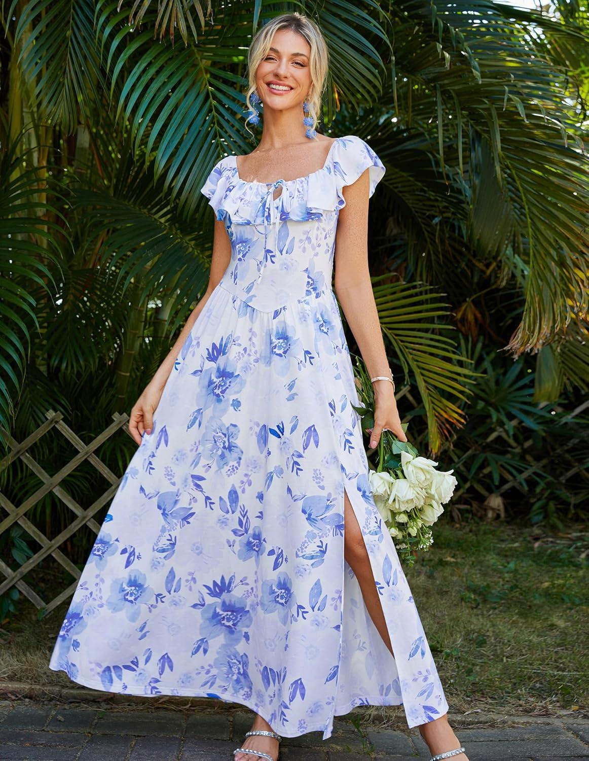 imageGRACE KARIN 2025 Womens Maxi Dresses Summer Off Shoulder Floral Dress Ruffle Split Beach Flowy Boho Wedding Guest DressBlue Purple