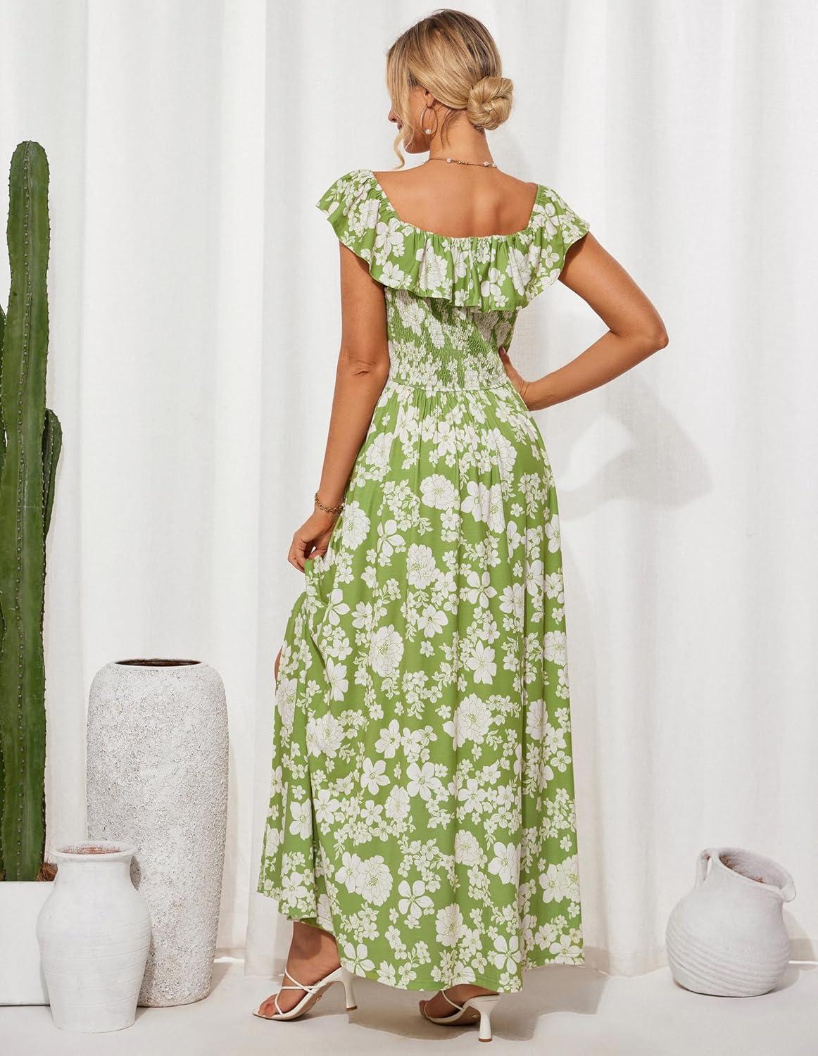 imageGRACE KARIN 2025 Womens Maxi Dresses Summer Off Shoulder Floral Dress Ruffle Split Beach Flowy Boho Wedding Guest DressGreen White