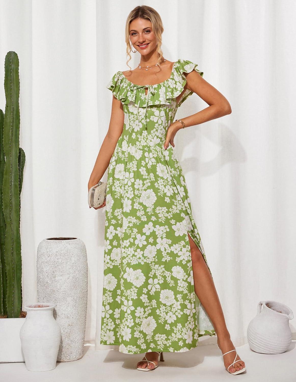 imageGRACE KARIN 2025 Womens Maxi Dresses Summer Off Shoulder Floral Dress Ruffle Split Beach Flowy Boho Wedding Guest DressGreen White