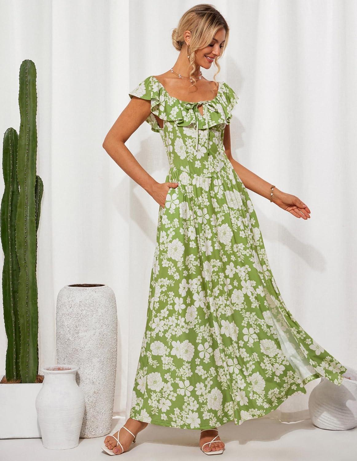 imageGRACE KARIN 2025 Womens Maxi Dresses Summer Off Shoulder Floral Dress Ruffle Split Beach Flowy Boho Wedding Guest DressGreen White