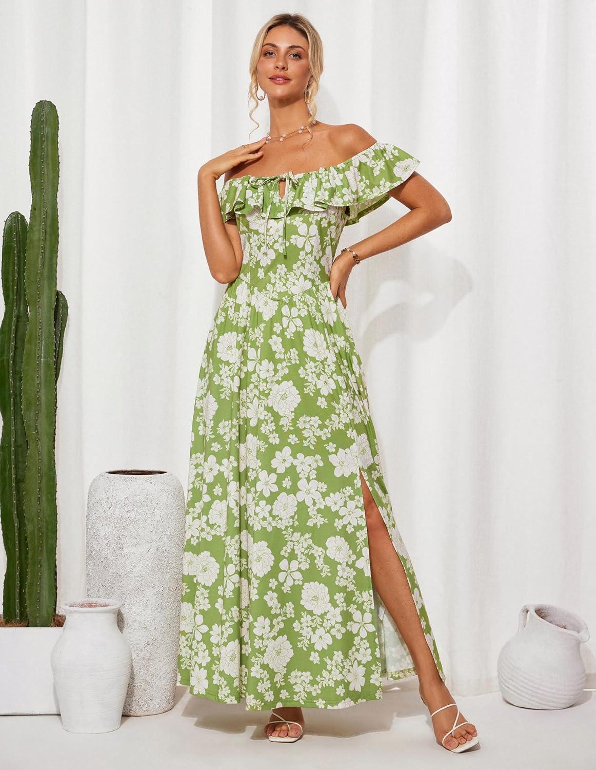imageGRACE KARIN 2025 Womens Maxi Dresses Summer Off Shoulder Floral Dress Ruffle Split Beach Flowy Boho Wedding Guest DressGreen White