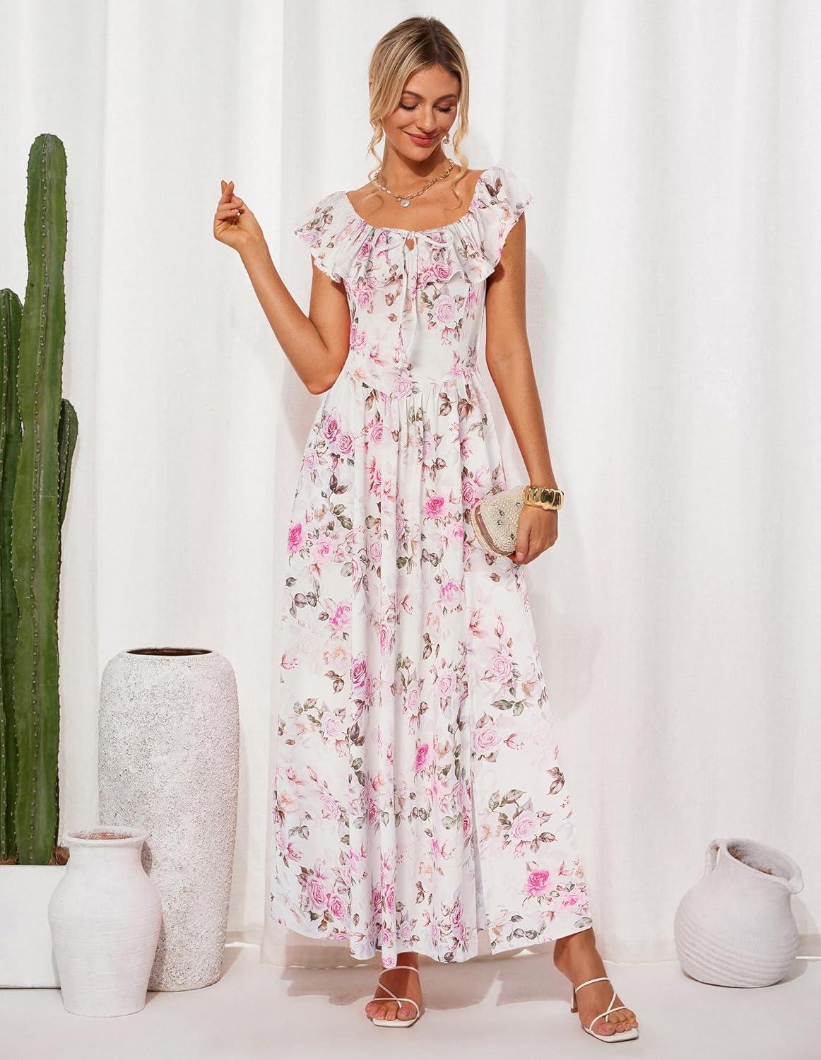 imageGRACE KARIN 2025 Womens Maxi Dresses Summer Off Shoulder Floral Dress Ruffle Split Beach Flowy Boho Wedding Guest DressLight Pink