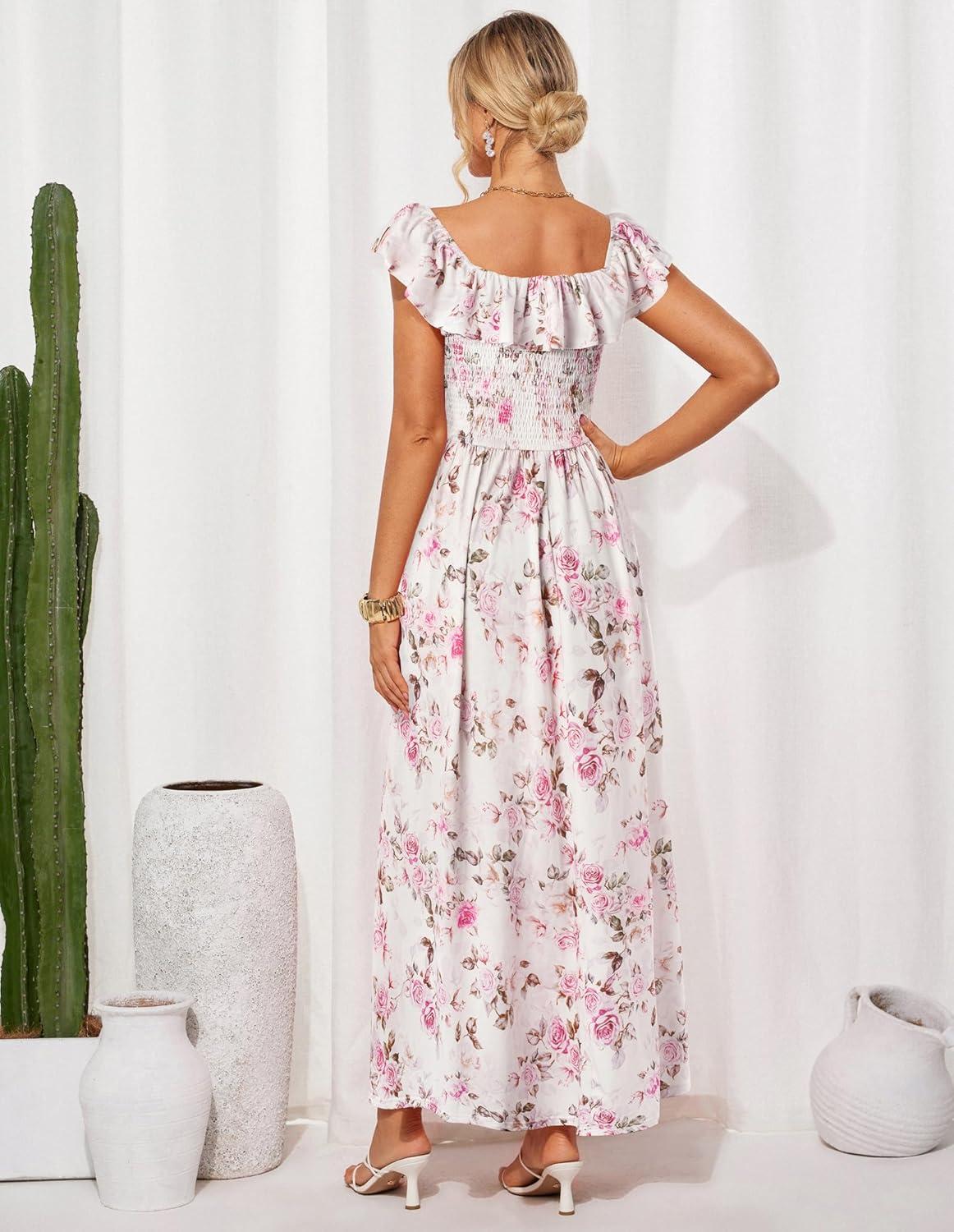 imageGRACE KARIN 2025 Womens Maxi Dresses Summer Off Shoulder Floral Dress Ruffle Split Beach Flowy Boho Wedding Guest DressLight Pink