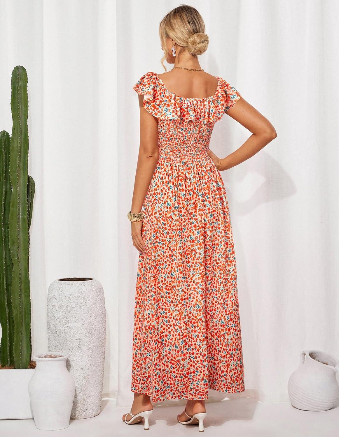 imageGRACE KARIN 2025 Womens Maxi Dresses Summer Off Shoulder Floral Dress Ruffle Split Beach Flowy Boho Wedding Guest DressOrange Flower