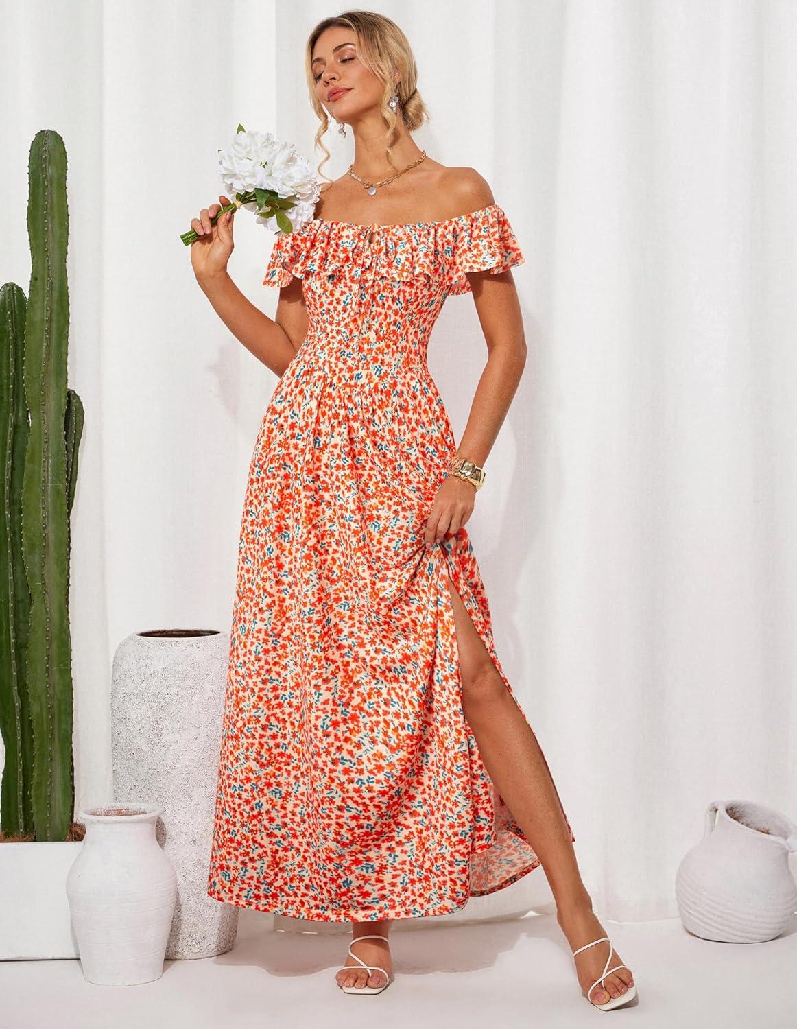imageGRACE KARIN 2025 Womens Maxi Dresses Summer Off Shoulder Floral Dress Ruffle Split Beach Flowy Boho Wedding Guest DressOrange Flower