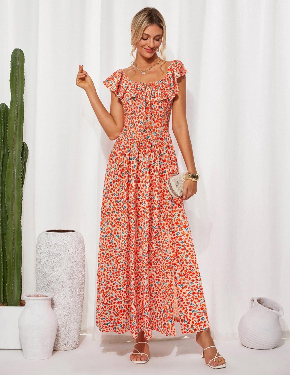 imageGRACE KARIN 2025 Womens Maxi Dresses Summer Off Shoulder Floral Dress Ruffle Split Beach Flowy Boho Wedding Guest DressOrange Flower