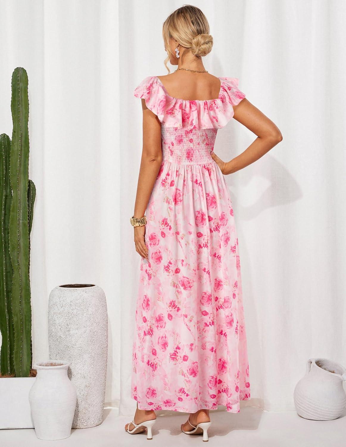 imageGRACE KARIN 2025 Womens Maxi Dresses Summer Off Shoulder Floral Dress Ruffle Split Beach Flowy Boho Wedding Guest DressPink White