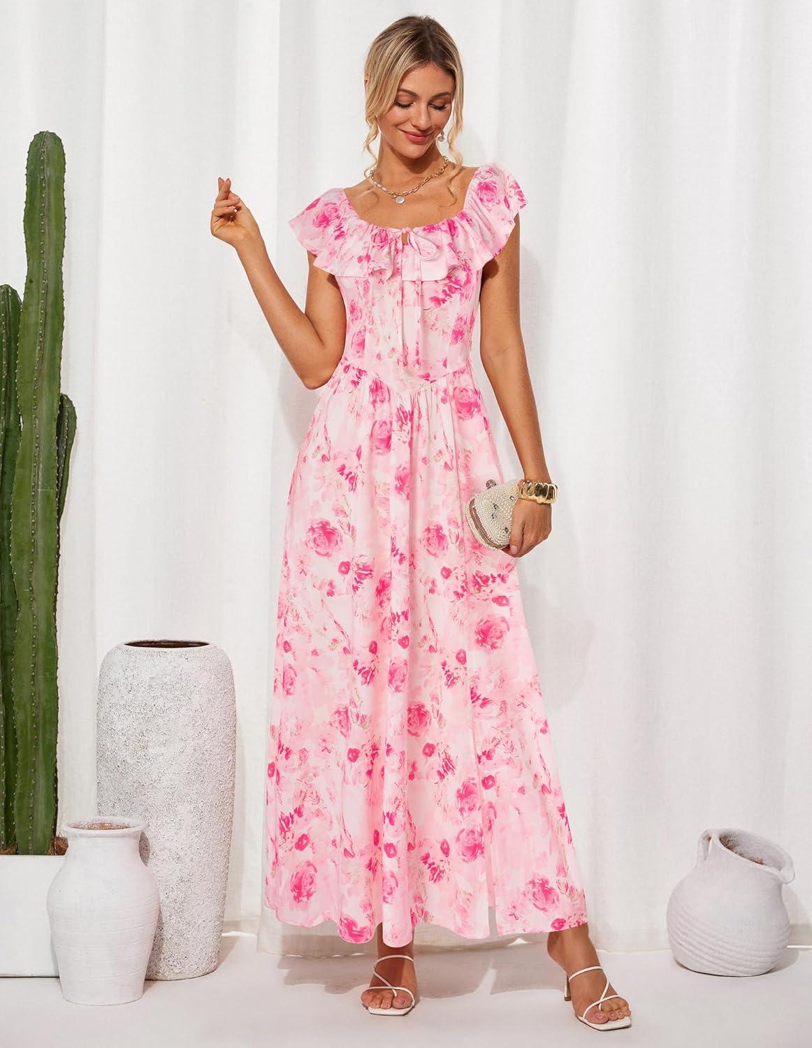 imageGRACE KARIN 2025 Womens Maxi Dresses Summer Off Shoulder Floral Dress Ruffle Split Beach Flowy Boho Wedding Guest DressPink White