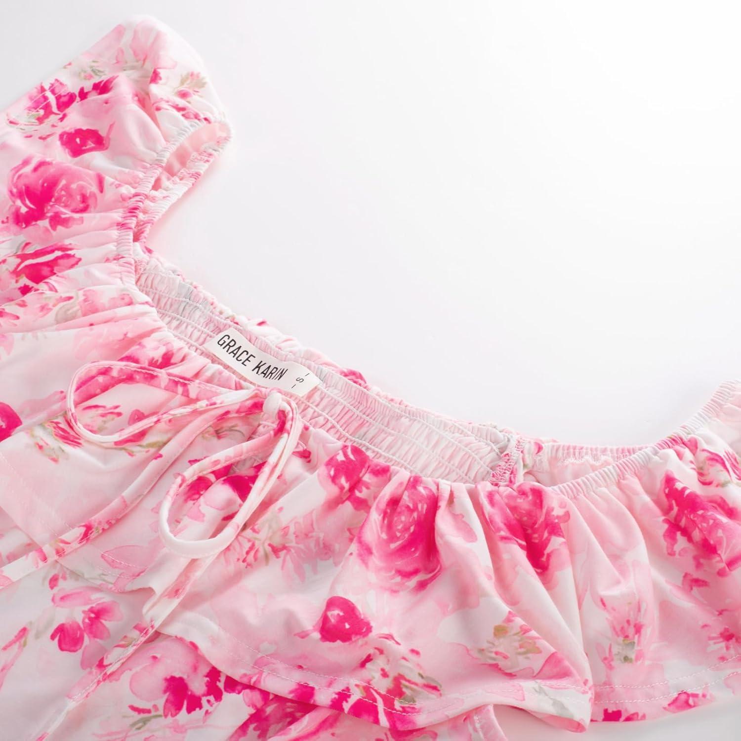 imageGRACE KARIN 2025 Womens Maxi Dresses Summer Off Shoulder Floral Dress Ruffle Split Beach Flowy Boho Wedding Guest DressPink White