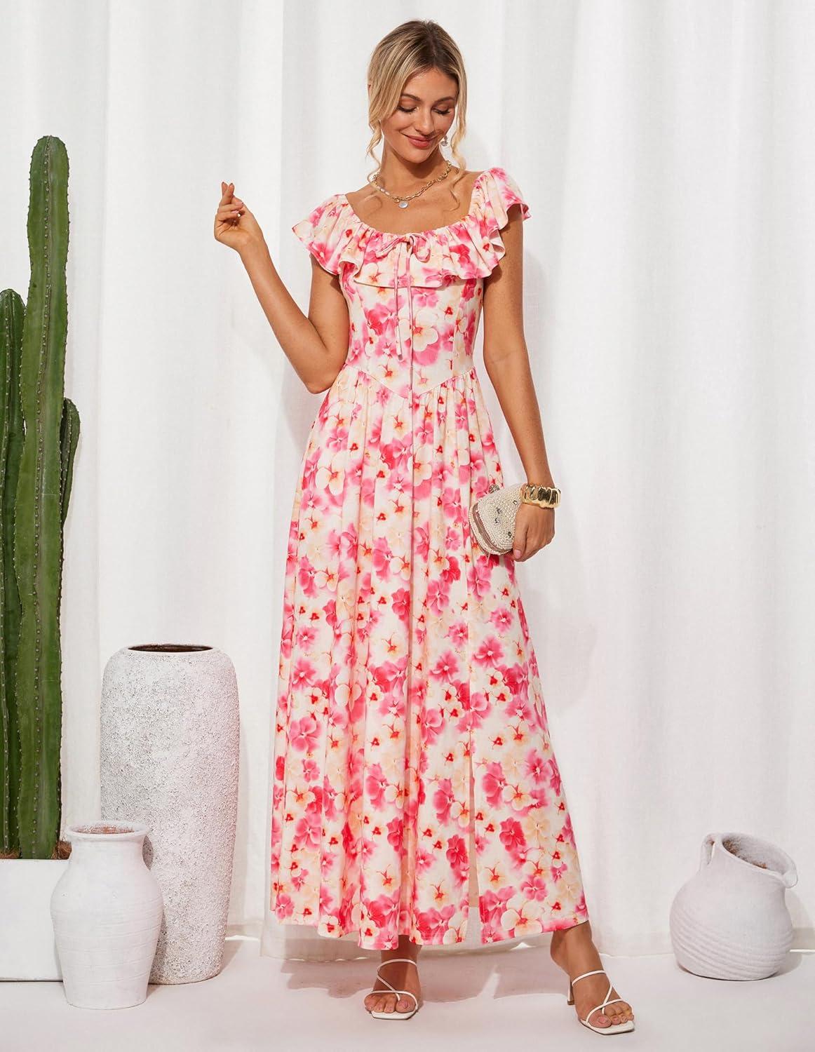 imageGRACE KARIN 2025 Womens Maxi Dresses Summer Off Shoulder Floral Dress Ruffle Split Beach Flowy Boho Wedding Guest DressPink Yellow