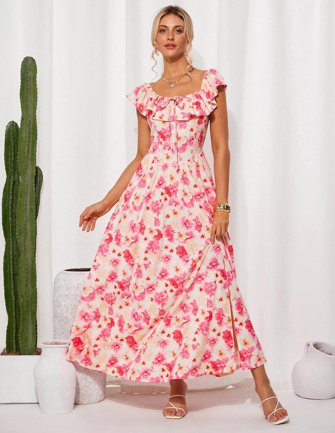 imageGRACE KARIN 2025 Womens Maxi Dresses Summer Off Shoulder Floral Dress Ruffle Split Beach Flowy Boho Wedding Guest DressPink Yellow