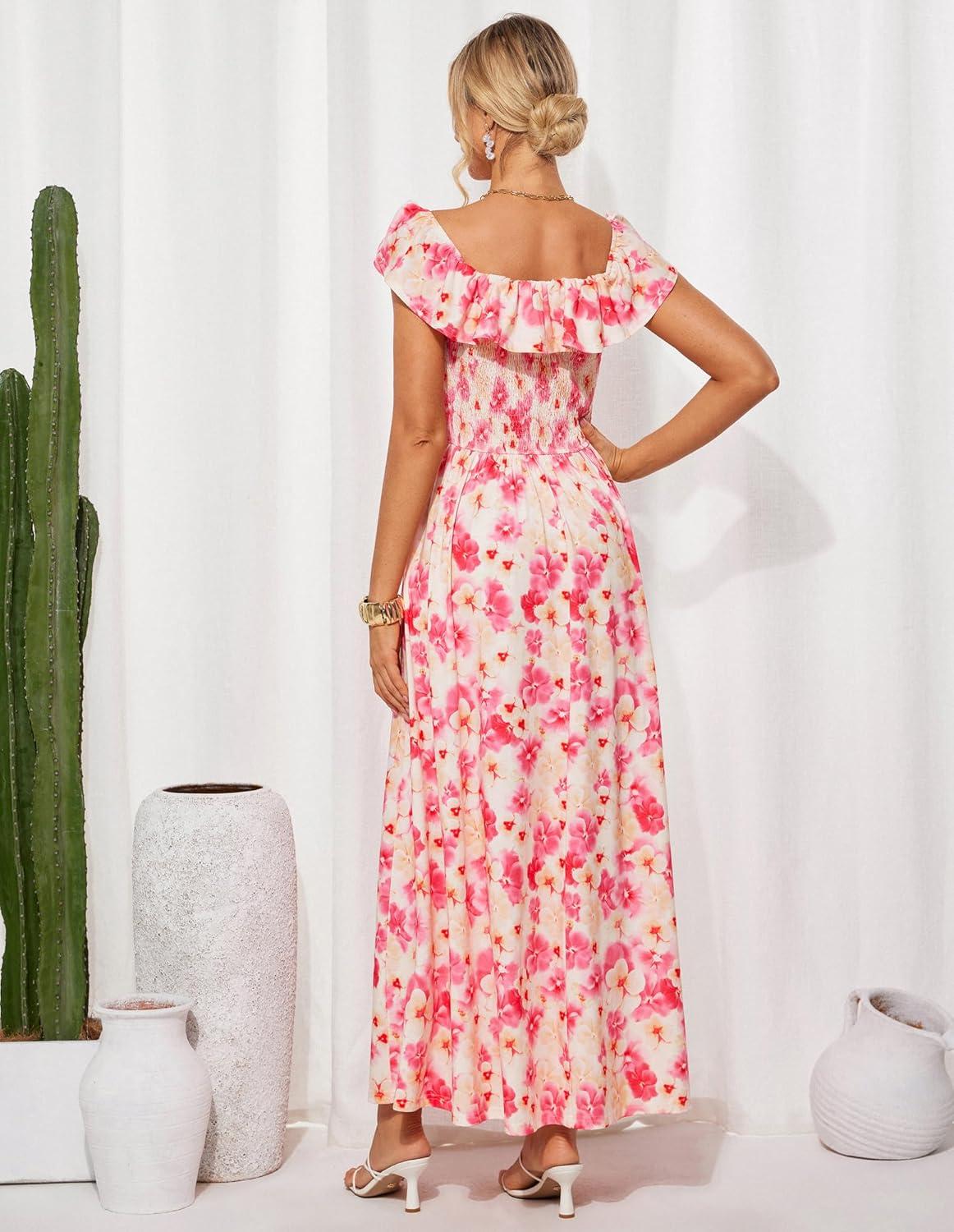 imageGRACE KARIN 2025 Womens Maxi Dresses Summer Off Shoulder Floral Dress Ruffle Split Beach Flowy Boho Wedding Guest DressPink Yellow