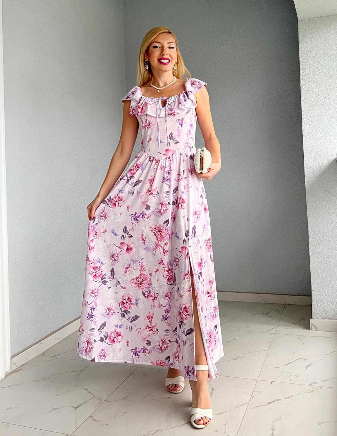 imageGRACE KARIN 2025 Womens Maxi Dresses Summer Off Shoulder Floral Dress Ruffle Split Beach Flowy Boho Wedding Guest DressPurple