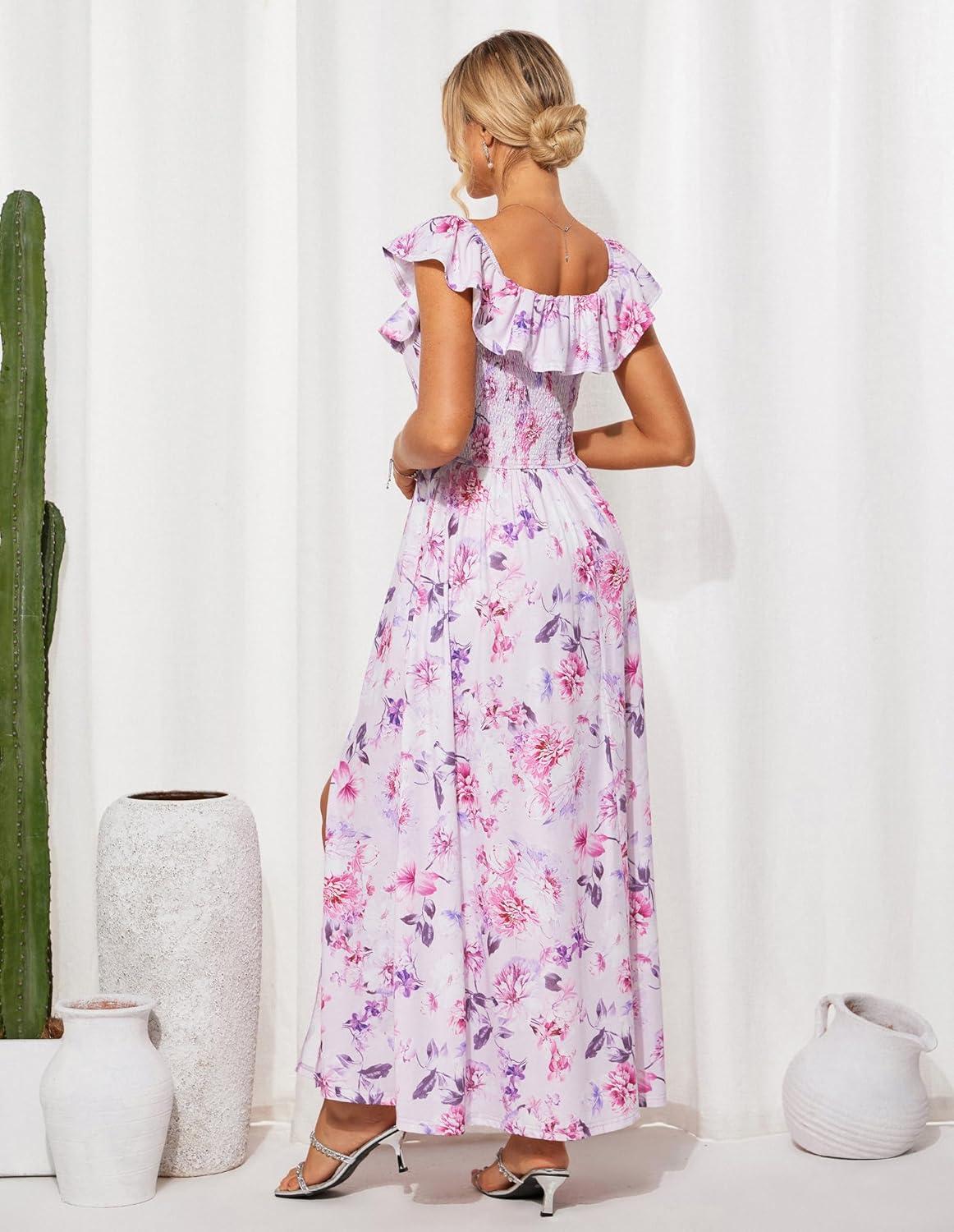 imageGRACE KARIN 2025 Womens Maxi Dresses Summer Off Shoulder Floral Dress Ruffle Split Beach Flowy Boho Wedding Guest DressPurple