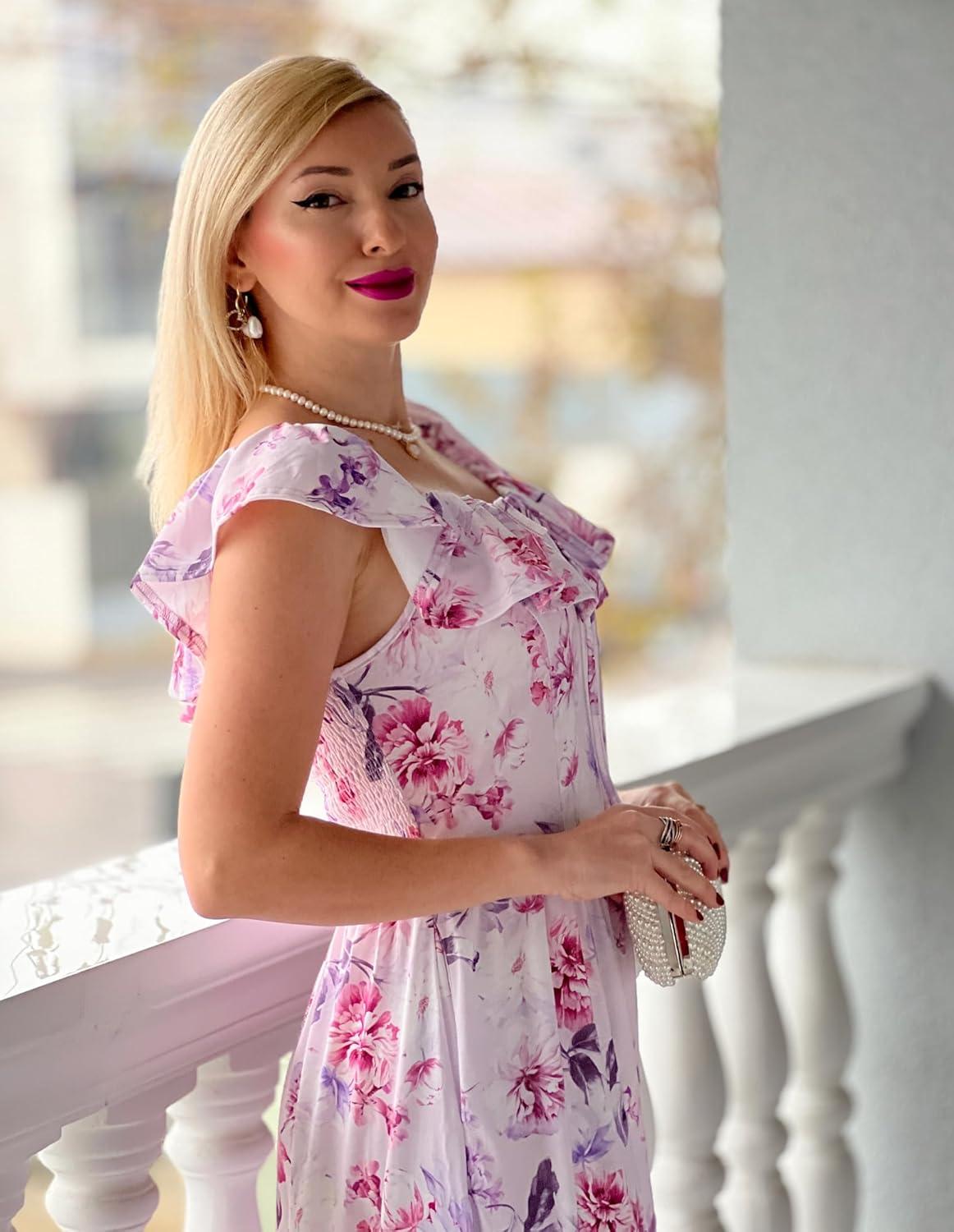 imageGRACE KARIN 2025 Womens Maxi Dresses Summer Off Shoulder Floral Dress Ruffle Split Beach Flowy Boho Wedding Guest DressPurple