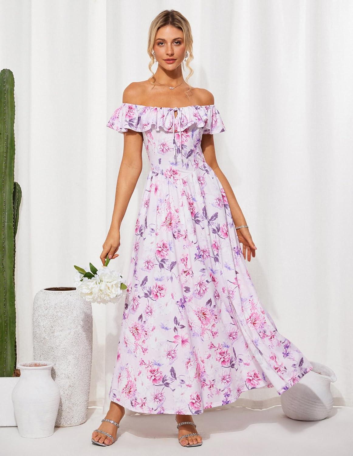 imageGRACE KARIN 2025 Womens Maxi Dresses Summer Off Shoulder Floral Dress Ruffle Split Beach Flowy Boho Wedding Guest DressPurple