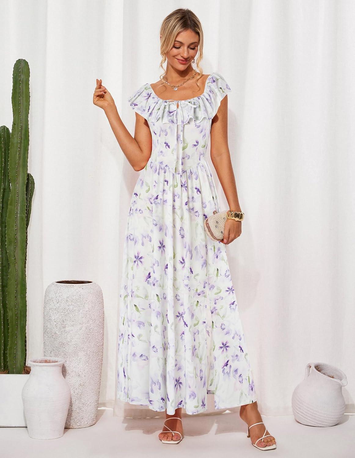 imageGRACE KARIN 2025 Womens Maxi Dresses Summer Off Shoulder Floral Dress Ruffle Split Beach Flowy Boho Wedding Guest DressPurple White