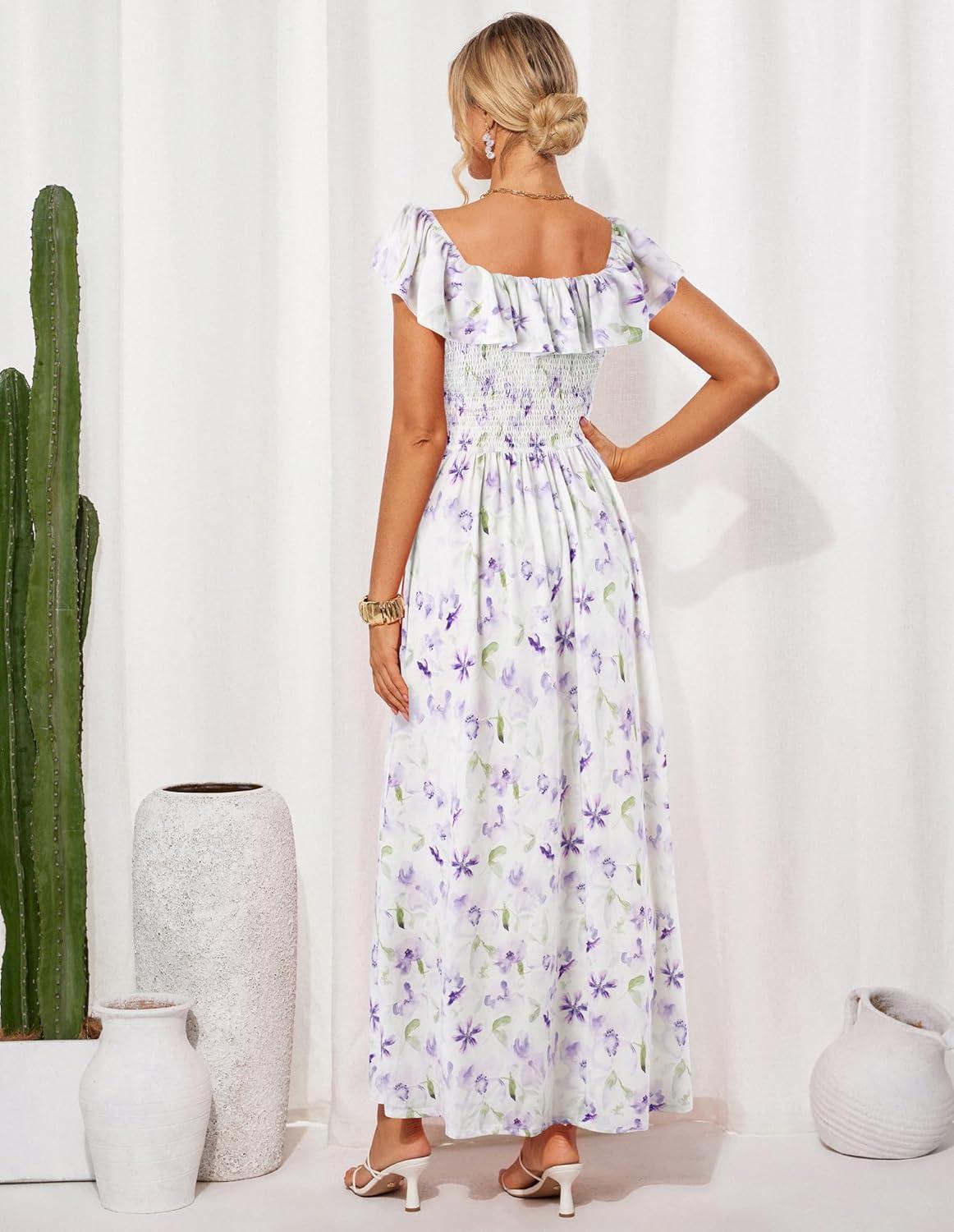 imageGRACE KARIN 2025 Womens Maxi Dresses Summer Off Shoulder Floral Dress Ruffle Split Beach Flowy Boho Wedding Guest DressPurple White