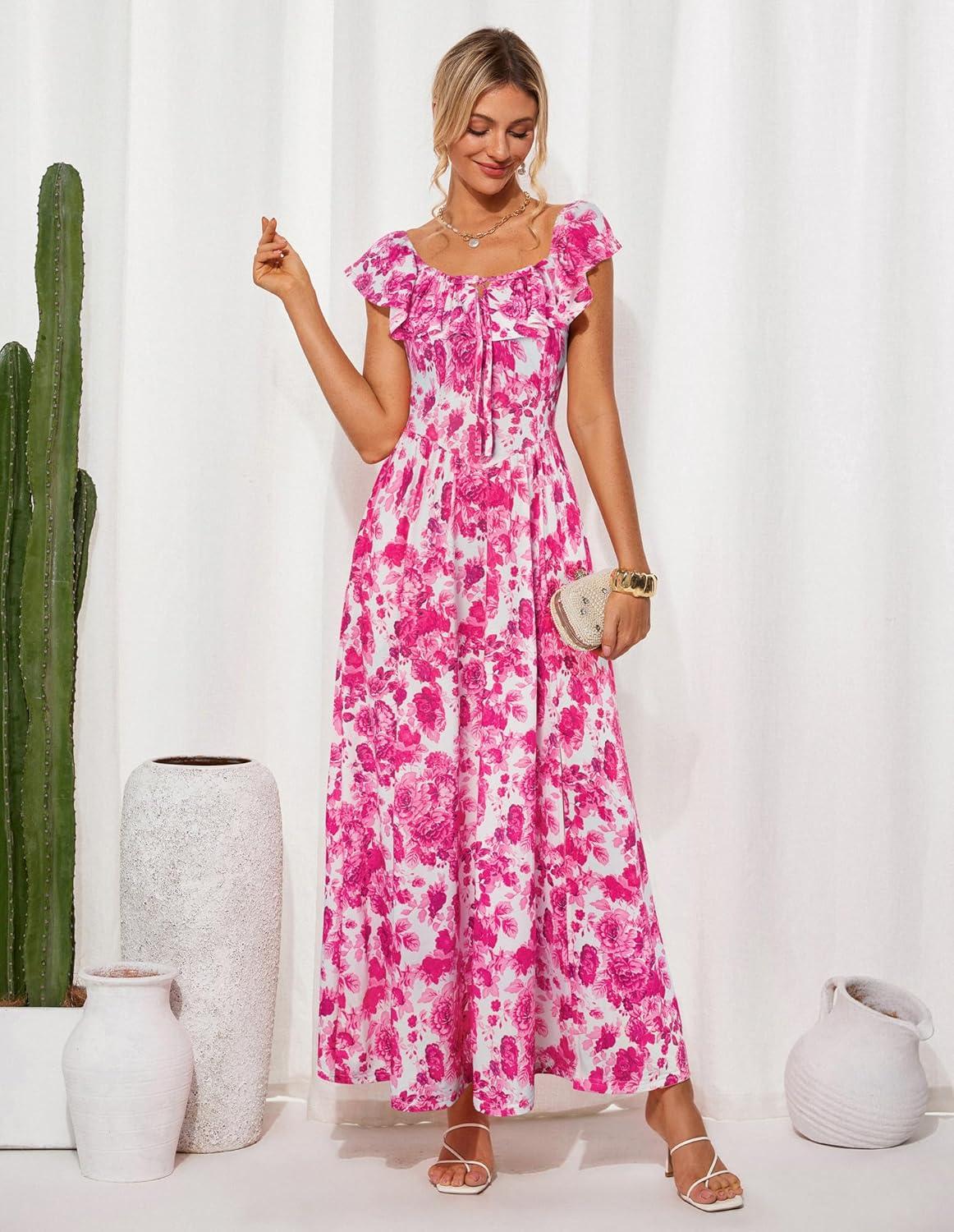 imageGRACE KARIN 2025 Womens Maxi Dresses Summer Off Shoulder Floral Dress Ruffle Split Beach Flowy Boho Wedding Guest DressRose Red