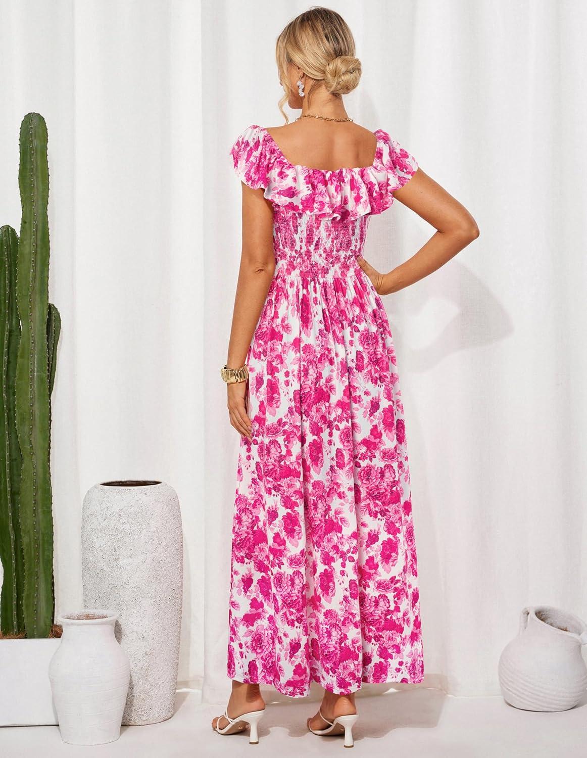 imageGRACE KARIN 2025 Womens Maxi Dresses Summer Off Shoulder Floral Dress Ruffle Split Beach Flowy Boho Wedding Guest DressRose Red