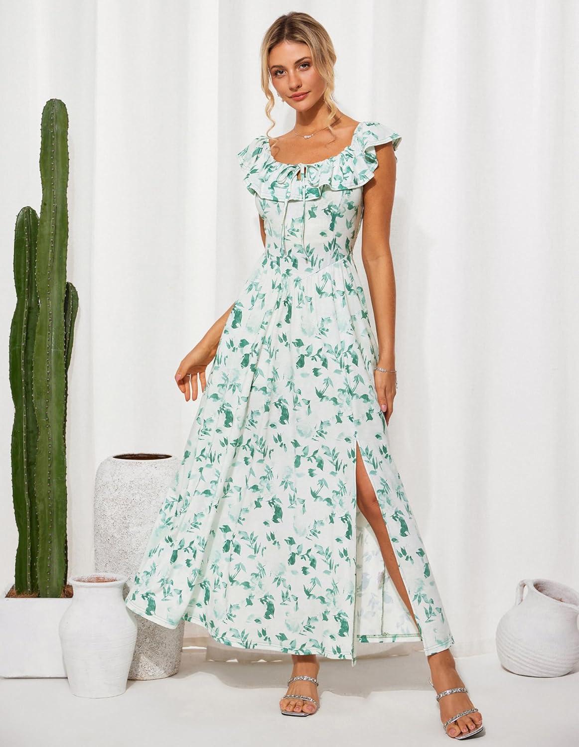 imageGRACE KARIN 2025 Womens Maxi Dresses Summer Off Shoulder Floral Dress Ruffle Split Beach Flowy Boho Wedding Guest DressWhite Green