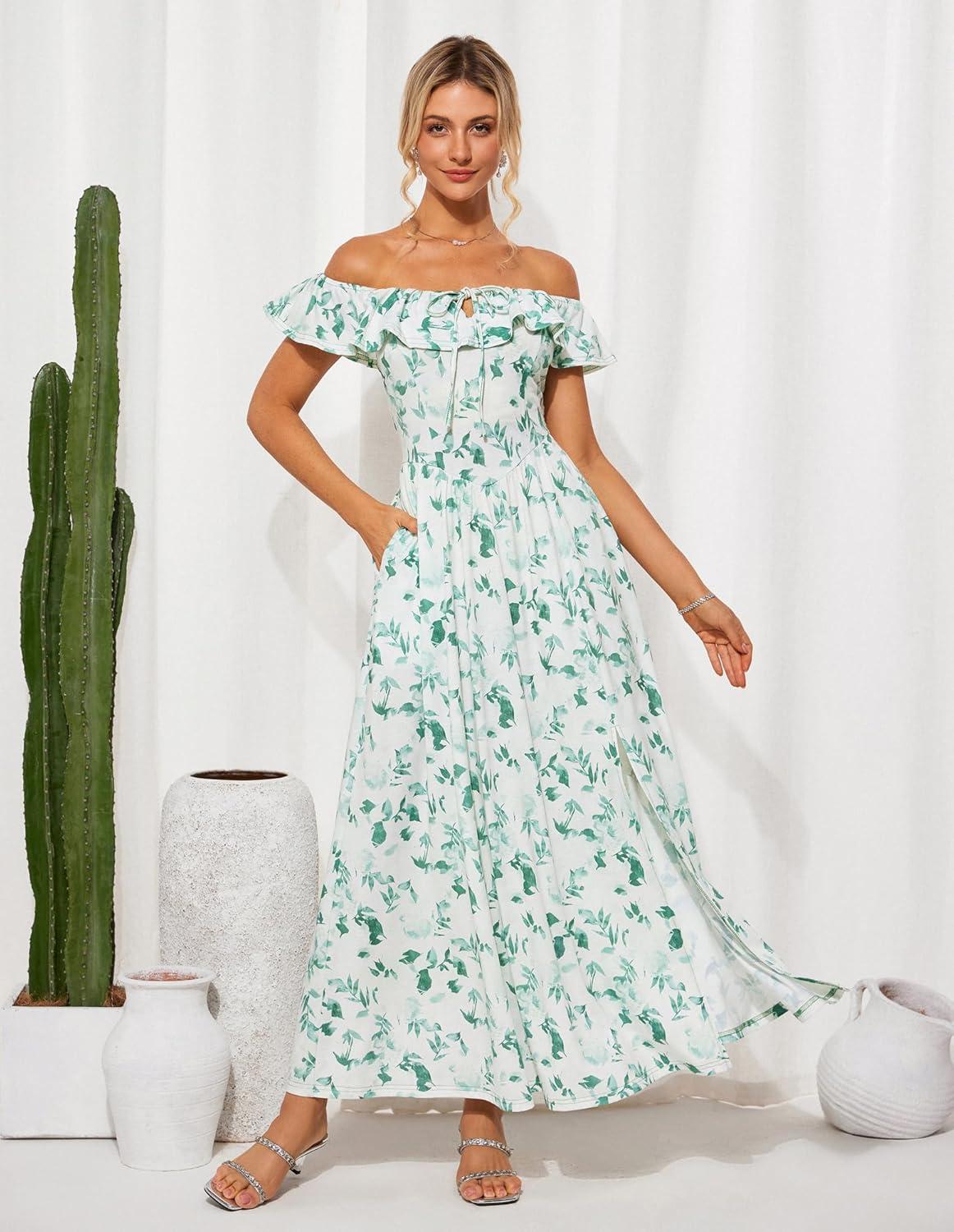 imageGRACE KARIN 2025 Womens Maxi Dresses Summer Off Shoulder Floral Dress Ruffle Split Beach Flowy Boho Wedding Guest DressWhite Green