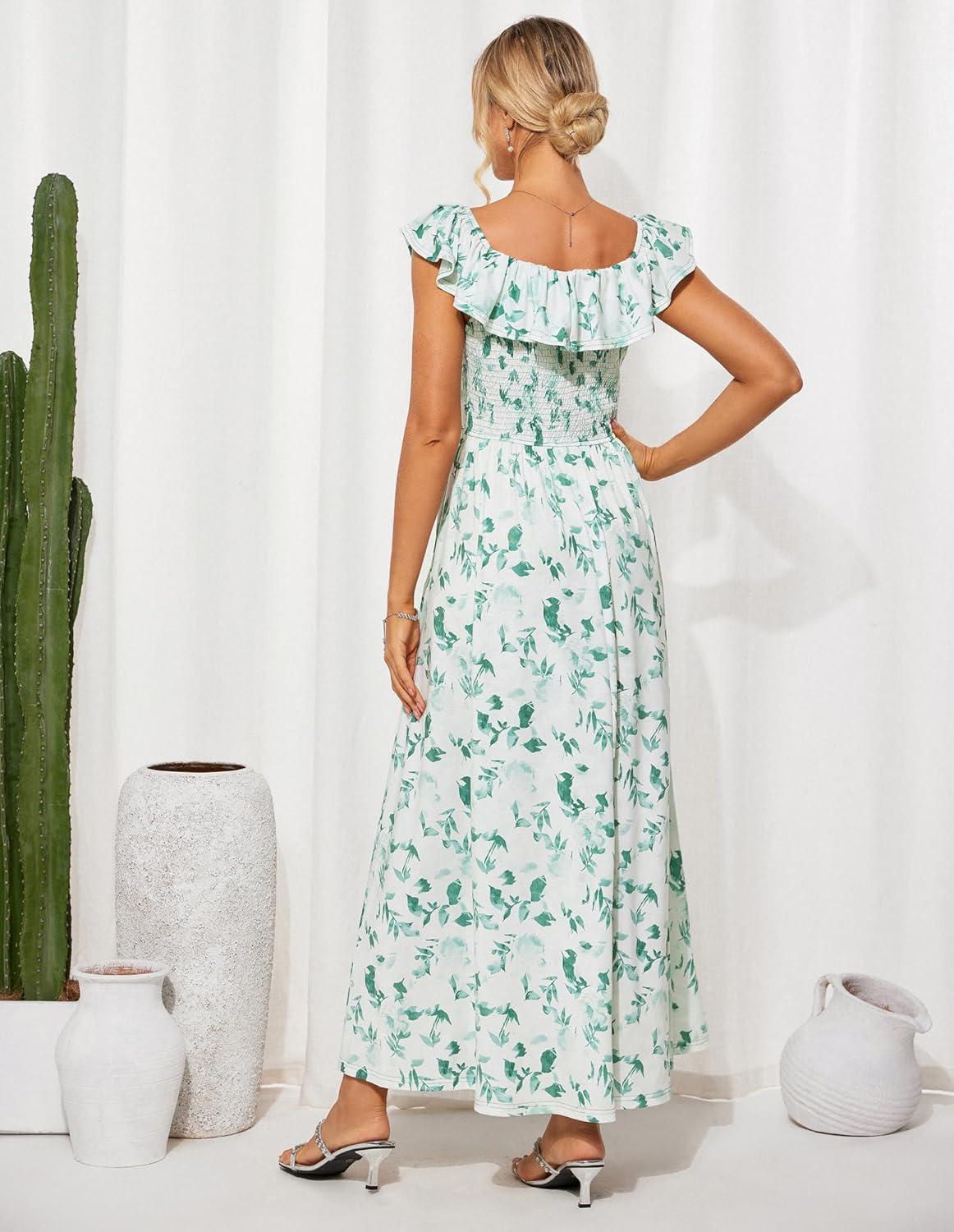 imageGRACE KARIN 2025 Womens Maxi Dresses Summer Off Shoulder Floral Dress Ruffle Split Beach Flowy Boho Wedding Guest DressWhite Green