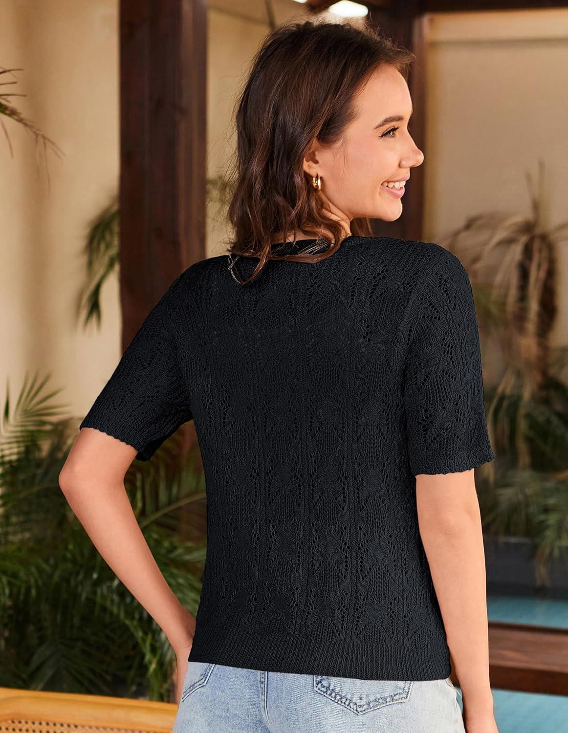 imageGRACE KARIN 2025 Womens Short Sleeve V Neck Cardigans Sweaters Open Front Knit Crochet Button Bolero Shrugs TopsBlack